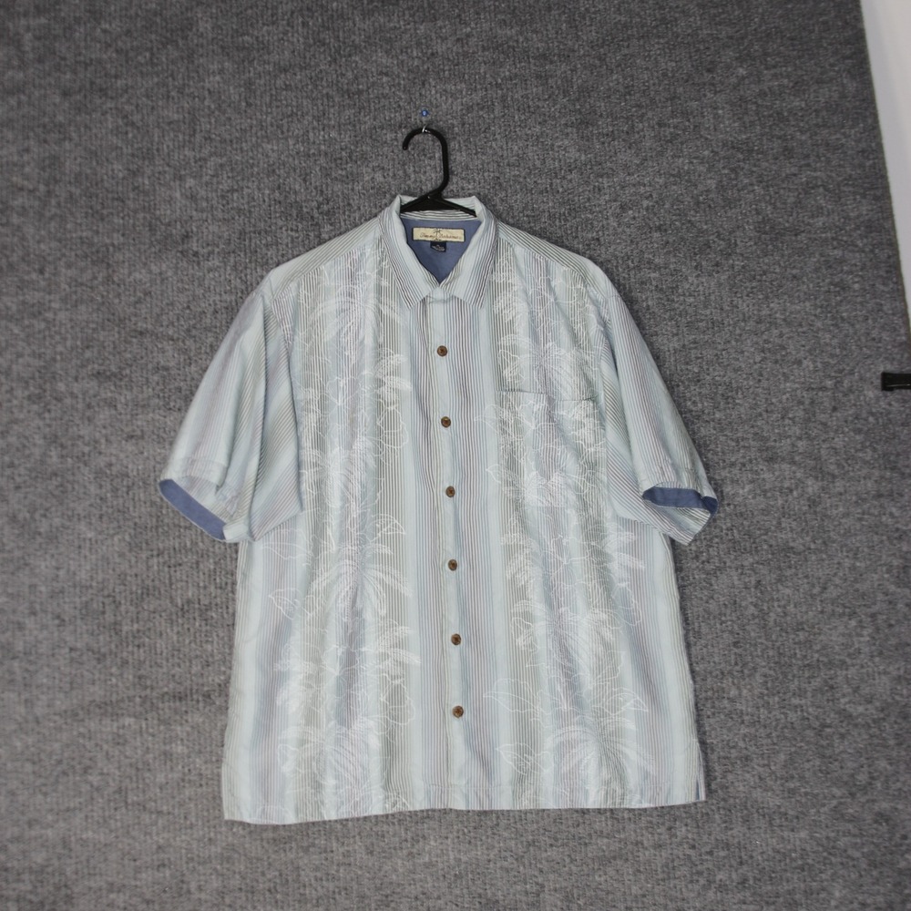 Tommy Bahama Shirt Mens M Blue Silk Short Sleeve Button Up Tropical Striped Palm